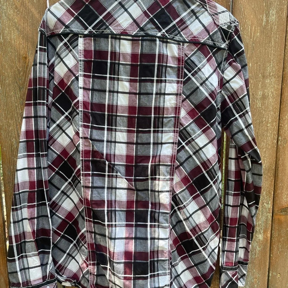 BUCKLE Men’s Burgundy White Plaid Embroidered Long Sleeve Button Athletic Large - Picture 6 of 9